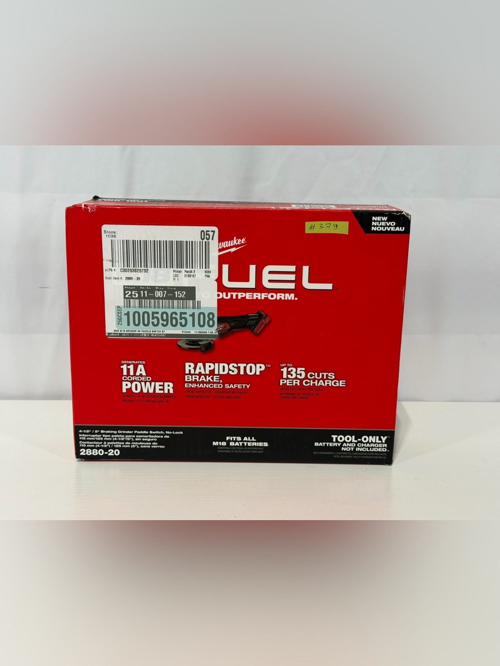 #379 Milwaukee 2880-20 M18 FUEL 4-1/2" / 5" Grinder Paddle Switch, No-Lock